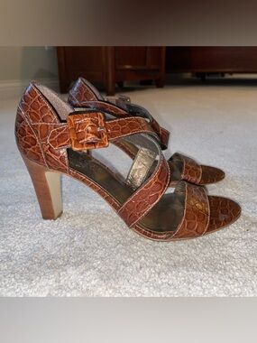 Talbots Croc-Embossed Brown Leather Strappy Block Heels